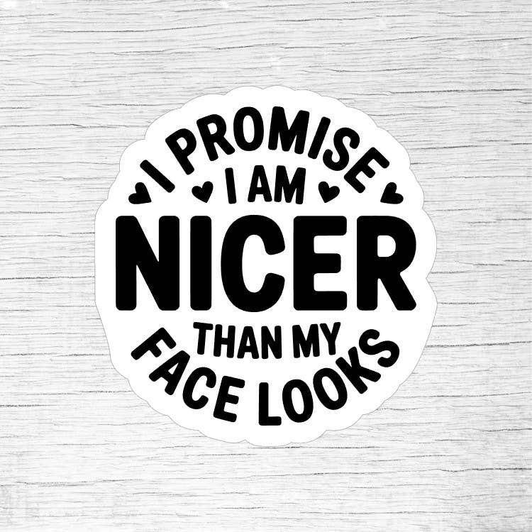 I Promise I Am Nicer Than My Face Looks Funny Sticker and other Purchase Wholesale face reality. Free Returns & Net 60 Terms on Faire trending on Faire.
